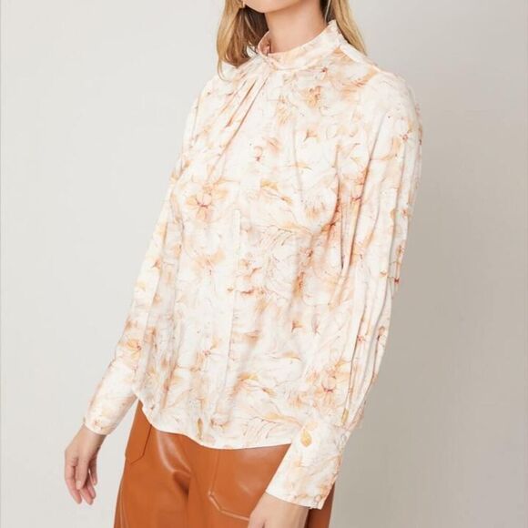 Shein MOTF Premium Gathered Mock Neck Blush Floral Blouse Top size small - Picture 2 of 16